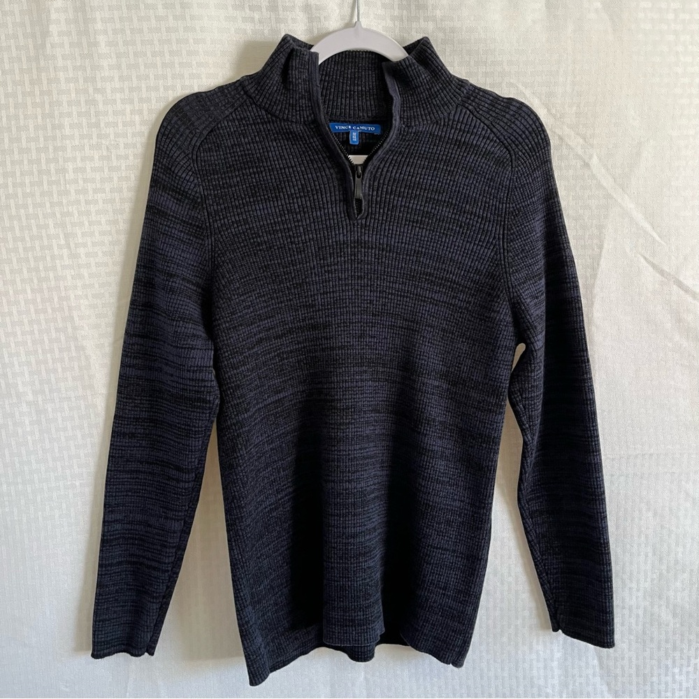 Vince Camuto 1/4 Zip Pullover Sweater Navy Blue Ribbed Knit Slim Fit Size Medium
